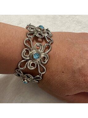 Floral Silver Tone Bracelet With Blue Rhinestones By Avon Vintage Style 7 Inch